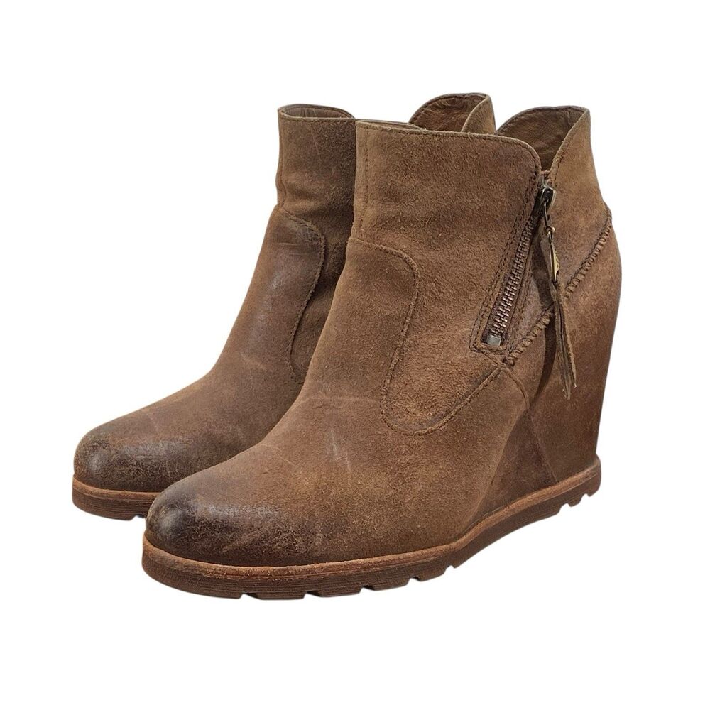 UGG Myrna Lodge Wedge Booties Women's Size 8 Brown Distressed Leather